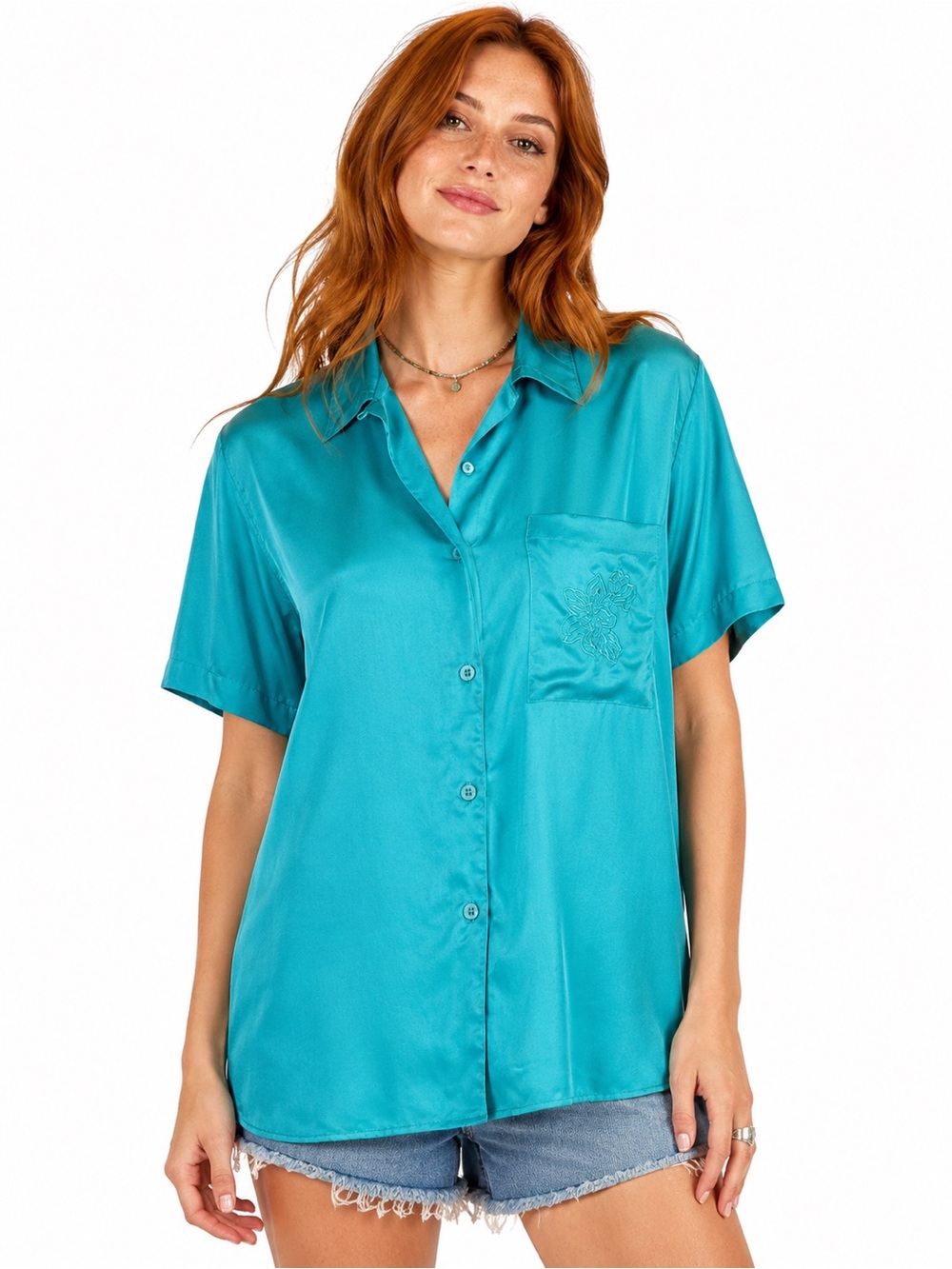 Vintage 90s CHAUS Teal Satin Button Front Blouse Shoulder Pads Floral Pocket